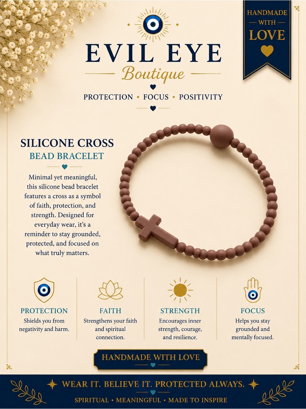 Evil Eye Boutique Silicone Cross Bead Bracelet - Brown